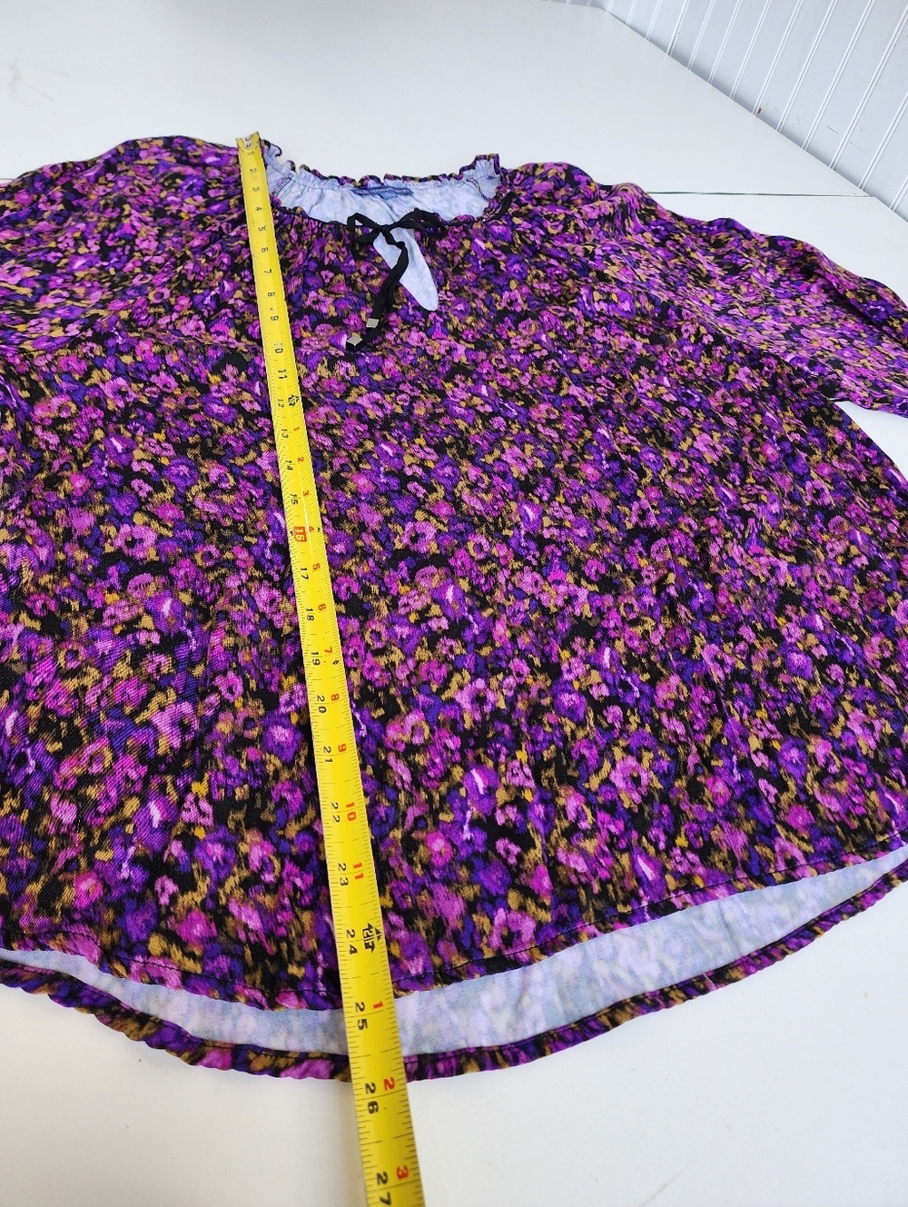 Democracy Womens Ruffle Edge V-Neck Floral Print Woven Long Sleeve Top Purple  L - Picture 11 of 16